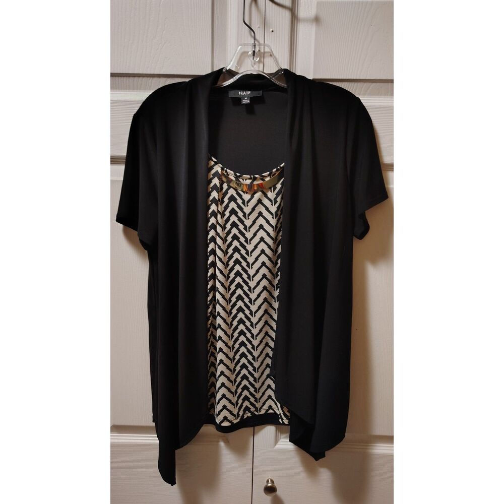 NAIF Black Cardigan Layered Blouse Chevron Chevron Print Gold Hardware Medium